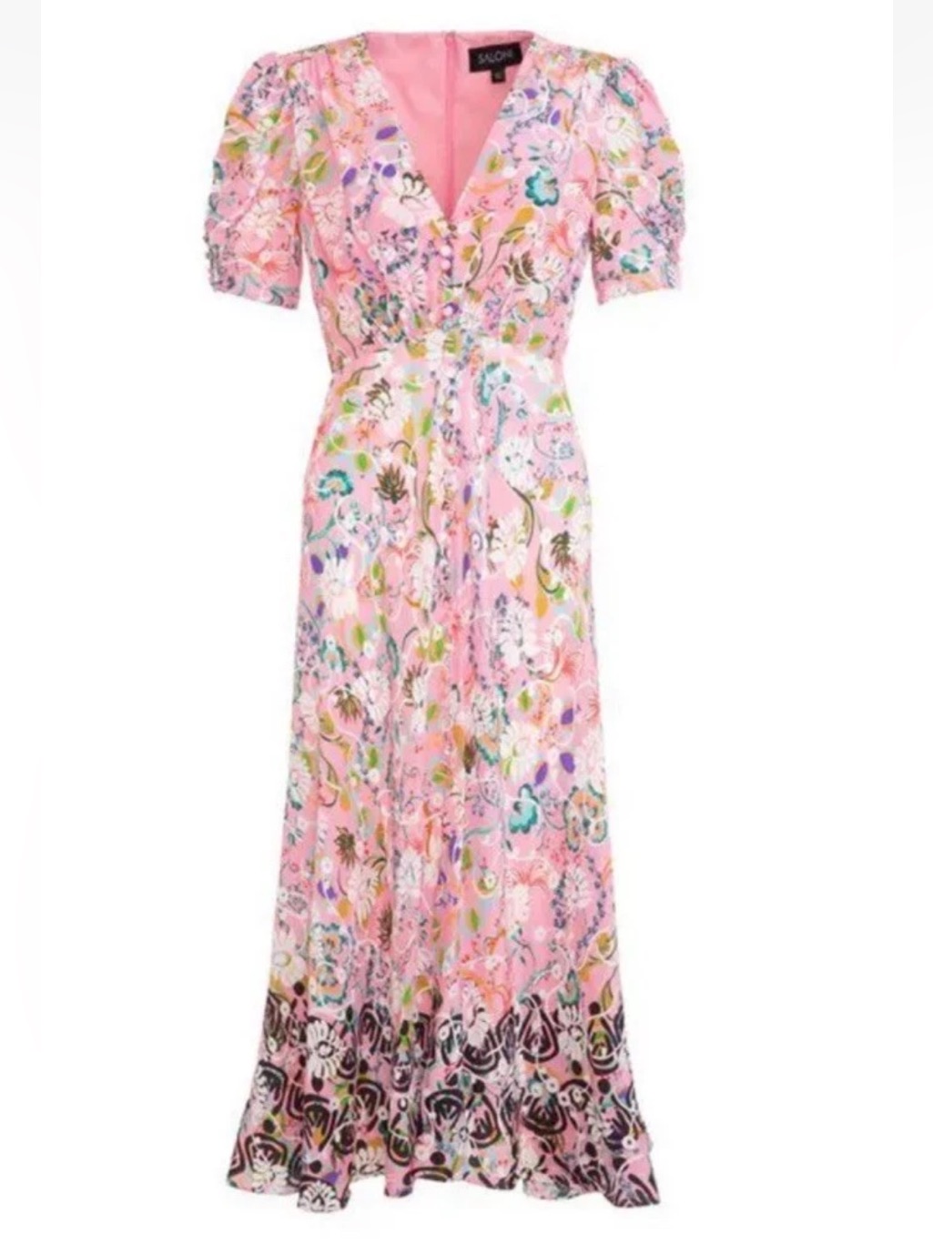 Saloni Leo Oasis Floral Silk Pink Multicolor Maxi Dress Sz 2